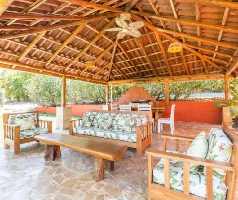 Outdoor covered lounge area at BBQ Villa — relaxing communal space for retreat participants in Montezuma’s Blue Zone.